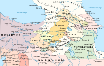 Map of the southern Caucasus and the area of eastern Turkey and northern Iraq and Syria. Greater Armenia in the center with minor Caucasian principalities to its northeast, the Byzantines to the west and the Abbasid caliphate to the south and east.