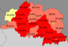 Доля белорусов по районам >90% 85—90% 80–85% <80% (64,59%)