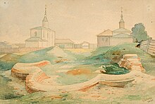 Бельчицкий монастырь. (И. Трутнев, 1866). Слева — Борисоглебская церковь, справа — Пятницкая церковь, на переднем плане руины Великого собора