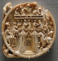 Siege of the Castle of Love on a mirror-case, ????, 1350–1370; the ladies are losing.