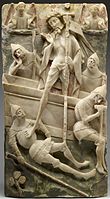 Section of a panelled altarpiece with ??????????? ??????, English, 1450–90, Nottingham alabaster with remains of colour