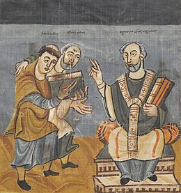 Рабан Мавр (слева) и Алкуин (в центре) подносят свои книги епископу Отгару Майнцскому
