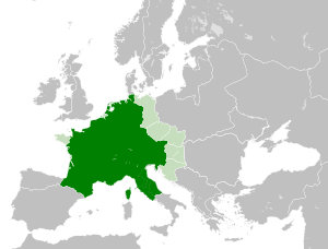  Франкская империя на карте Европы в период своего наибольшего расширения в 481 — 814 годах