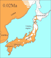 Японский архипелаг в во время последнего ледникового максимума около 20 000 лет назад, тонкая черная линия выделяет современные береговые линии