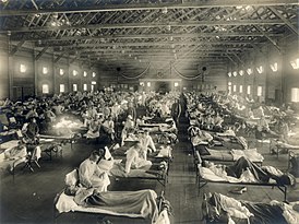 Больница скорой помощи во время эпидемии гриппа, Кэмп-Фанстон, Канзас, США. Около 1918 года