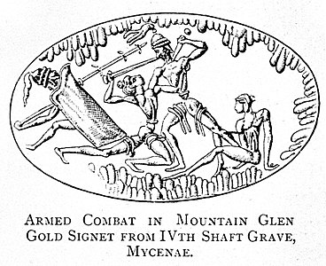 Прорисовка боевой сцены на золотом кольце-печати из могильного круга А, Микены