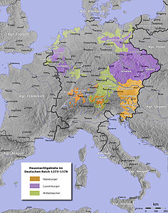 Герцогство Австрия (оранжевый цвет) в составе Священной Римской империи (чёрная линия) в XIV веке