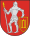 A coat of arms depicting a man in full body armour holding a white spear in his right hand and a red-and-yellow shield in his left hand