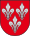 A coat of arms depicting three grey fleurs-de-lis, two directly across from each other at the top and one on the bottom, all on a red background