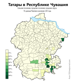 Татары в Республике Чувашия по городским и сельским поселениям, в %, перепись 2010 г.