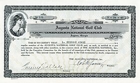 Акция Augusta National Golf Club, выпущенная 24 сентября 1945 года, выписана на имя Л. Шермана Адамса, в оригинале подписана Бобби Джонсом как президентом