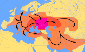Миграции индоевропейцев согласно «курганной гипотезе». Розовым обозначена предполагаемая прародина (самарская культура, среднестоговская культура), красным — распространение к середине 3-го тыс. до н. э. и оранжевым — к 1-му тыс. до н. э.