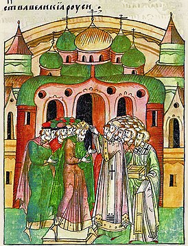 Епископ Неофит венчает князя Владимира Всеволодича Шапкой Мономаха, Миниатюра из Лицевого летописного свода XVI века