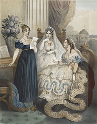 Королева Гортензия исполняет песню собственного сочинения «Partant pour la Syrie» перед императрицами Жозефиной и Евгенией. Рисунок неизвестного художника, 1860-е годы