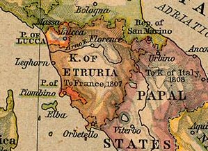 Королевство Этрурия. Княжество Лукка и Пьомбино обозначено оранжевым цветом, (Лукка - на побережье севернее Этрурии, Пьомбино - на побережье напротив острова Эльба)