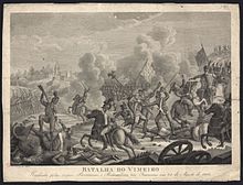 Sepia print of «Batalha do Vimeiro» shows a battle scene with a British flag in the center.