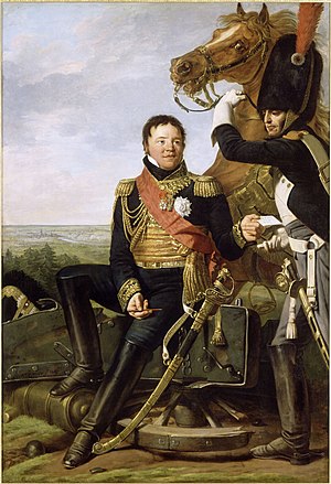 Генерал Вальтер, в мундире офицера Конных егерей Гвардии, протягивает депешу ординарцу из полка Конных гренадер.