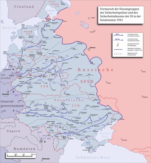 Продвижение групп армий и айнзацгрупп A, B, C, D на оккупированных территориях Советского Союза в зоне действия групп армий вооружённых сил Германии (вермахта), их сателлитов и союзников, 1941 год. Условные обозначения: EK8 — № и маршрут айнзацкоманды; SK4a — № и маршрут зондеркаманды; флажок — место дислокации и наименование айнзацгруппы; сплошная линия — продвижение войск групп армий; пунктирная линия — границы действия айнзацгрупп.