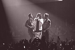 Thirty Seconds to Mars на концерте 2014 года в Москве: Томо Милишевич, Джаред Лето, Шеннон Лето (слева направо)