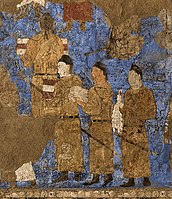 Эмиссары империи Тан при дворе Вархумана в Самарканде несут шёлк и нить коконов тутового шелкопряда, 648-651 гг. н. э., фрески Афрасиаба, Самарканд