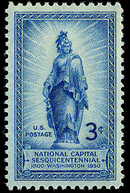 3-центовая коммеморативная марка (Sc #989), изображающая Статую Свободы на Капитолийском куполе в Вашингтоне и выпущенная 20 апреля 1950 года в честь 150-летия города[^]. Президент Трумэн назвал празднование «Ярмаркой свободы»
