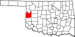 Округ Роджер-Милс на карте штата.