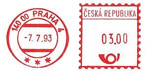 Франкотип (стоимостью 3 кроны) и календарный штемпель Чешской Республики (Прага, 1993)