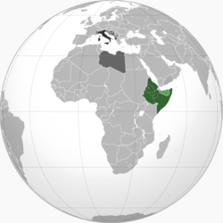 Итальянская Восточная Африка в зеленом цвете. Британский Сомалиленд (светло-зеленый) был аннексирован в 1940 году.
