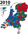 Муниципалитеты (красный цвет), выигранные PvdA на выборах 2010 года