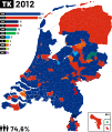 Муниципалитеты (красный цвет), выигранные PvdA на выборах 2012 года