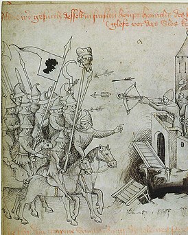 Монголы под предводительством Байдара демонстрируют голову Генриха II, чтобы склонить гарнизон Вроцлава сдать город. Миниатюра из чешской рукописи «Легенда о святой Хедвице», XV век