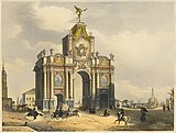 Красные ворота в Москве после перестройки Д. В. Ухтомским в 1753—1757 гг. Раскрашенная литография Ж.-Б. Арну. Ок. 1815 г.