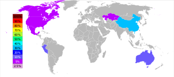 Worldmap reviealing that about 40 % of zinc is produced in China, 20 % in Australia, 20 % in Peru, and 5 % in US, Canada and Kazakhstan each.