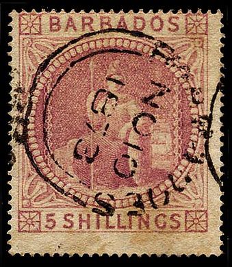 Розовая марка 1873 года номиналом в 5 шиллингов, погашенная в ноябре 1873 года. Обратите внимание на написание в старой орфографии «Barbadoes» на почтовом штемпеле