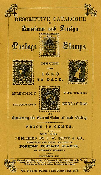 Обложка первого каталога «Скотт» (1868), на которой в числе других в середине справа помещена марка в ½ цента из первой серии после создания Доминиона Канада (1868)[^]