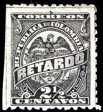 Марка Республики Колумбии для писем с опозданием, с надписью «Retardo», 1886 (Sc #11)