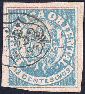 «República Oriental» («Восточная Республика»): 12 сентесимо, гашение немым штемпелем[13] необычной формы[14] из Монтевидео, 1864 (Sc #23d)