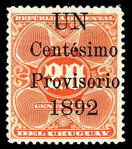 Надпечатка 1892 года для нового номинала в 1 сентесимо на марке в 20 сентесимо из выпуска 1889—1901 годов (Sc #100)