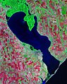 Днестровский лиман, образованный в устье реки Днестр. Вид из космоса.