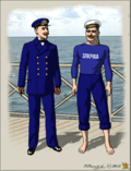 Слева форма вольнонаёмного командного состава судов Невского яхт-клуба. Справа матрос судна Невского яхт-клуба в фуфайке.