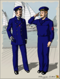 Слева член Невского яхт-клуба в синем костюме. Справа вольнонаёмный матрос Невского яхт-клуба в синей форме. На рукаве знак, присвоенный матросам яхт-клуба с угловой нашивкой за 2 года службы у данного судовладельца.