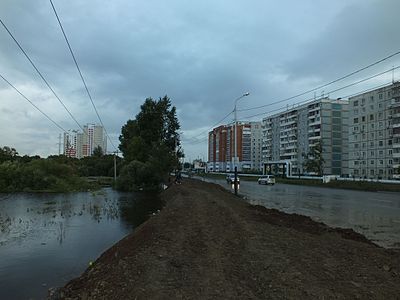 Защитная дамба в Хабаровске, уровень воды выше уровня мостовой.