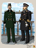 Слева — младший инженер-механик Морского ведомства, служащий на судах Добровольного флота в обыкновенной форме, справа — капитан в парадной форме (1899).
