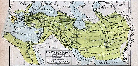 Империя Ахеменидов в ок. 500 г. до н.э. (William Robert Shepherd, 1923). Кадусии и каспии изображены на севере империи