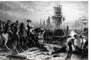 Гравюра, изображающая эвакуацию британских войск из Бостона