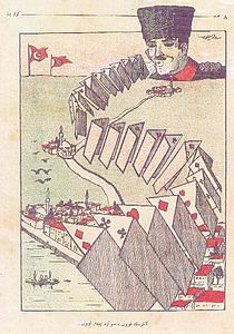 «Овца из Анкары смеётся последней». Политический шарж Седата Симави опубликованная в октябре 1922. На заднем плане Анкара, на переднем Стамбул. Шарж посвящён переносу столицы.