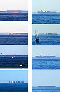 Под действием фата-морганы изменяются очертания двух кораблей. 4 фотографии в правой колонке изображают первый корабль, 4 в левой — второй.