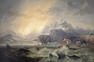 Джон Уилсон Кармайкл. Корабли «Эребус» и «Террор» в Антарктике. Картина 1847 года.