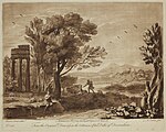 Пейзаж с Аполлоном, охраняющим стада Адмета, и Меркурием, похищающим их. Копия Р. Ирлома по оригиналу К. Лоррена. 1775. Офорт, меццо-тинто
