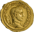 Требониан Галл (251—253). Ауреус. Ок. 251—253 гг. Рим. Аверс. Бюст Требониана Галла[4]